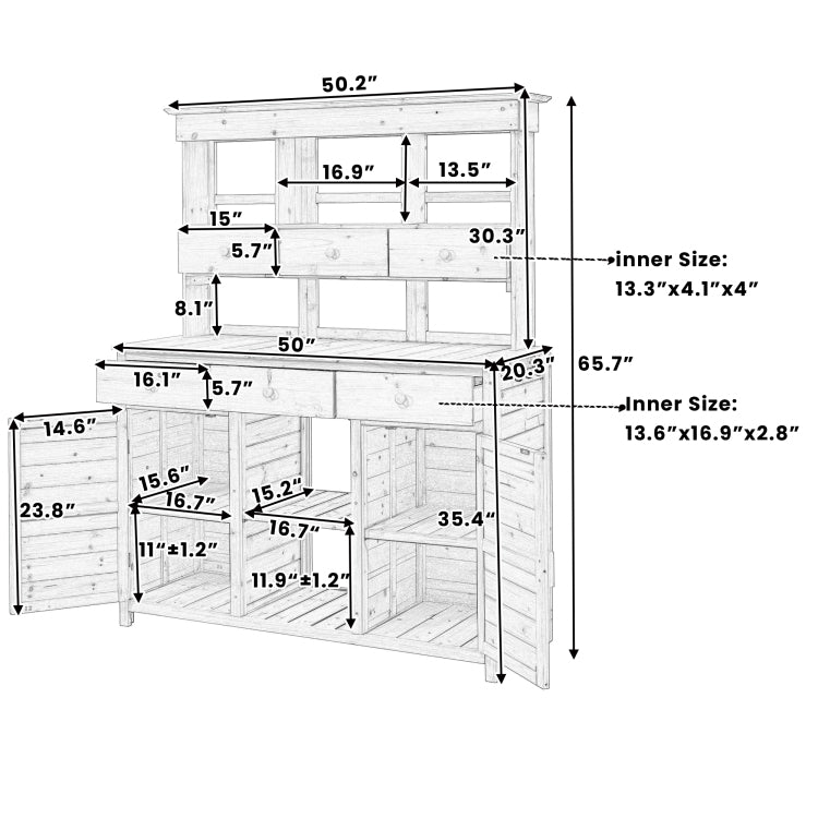 Assembly 65.7'' H Tall Garden Potting Bench Table With Hutch,Patio Storage Workstation With 3 Shelves,6 Drawers,2 Bottom Cabinets&Side Hooks For Mudroom,Doorway, Natural