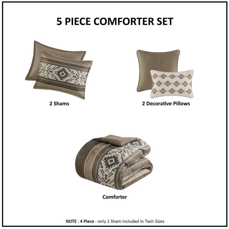 5 Piece Stripe Herringbone Comforter Set With Throw Pillows Brown Full Queen
