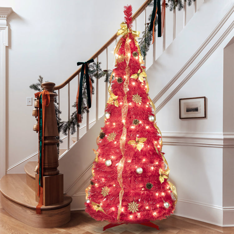 6Ft Red Pop Up Christmas Tree With 150 Warm White Led Lights, Ornaments Included 4 Ribbons, Bow, Flowers, Snowflakes, Pine Cones & Balls Easy Assembly & Space Saving Holiday D Cor