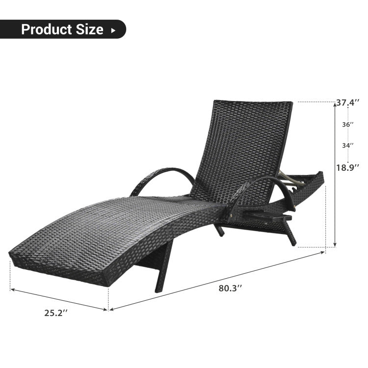 K&K 80'' Outdoor Wicker Chaise Lounge Chairs Set Of 2, Patio Rattan Reclining Chair Pull Out Side Table W 5 Level Adjustable Backrest Ergonomic Wave Design Pool Sunbathing Recliners, Black