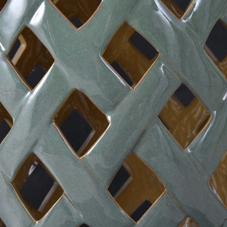 Outsunny 13" X 18" Ceramic Garden Stool With Woven Lattice Design & Glazed Strong Materials Decorative End Table, Green