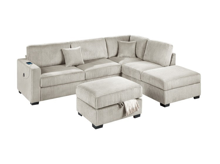 Camel Wide Welt Corduroy Sectional Sofa Reversible Chaise Sofa W Usb Storage Ottoman Upholstered Couch Pillows 3Pc Set Living Room
