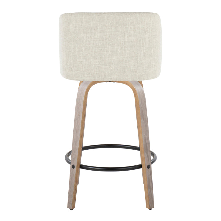 26" Contemporary Fixed Height Counter Stool With Swivel In Light Grey Wood And Cream Fabric With Round Black Metal Footrest Set Of 2