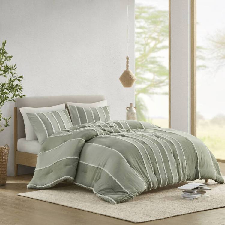 3 Piece Striped Cotton Comforter Set Sage Full Queen