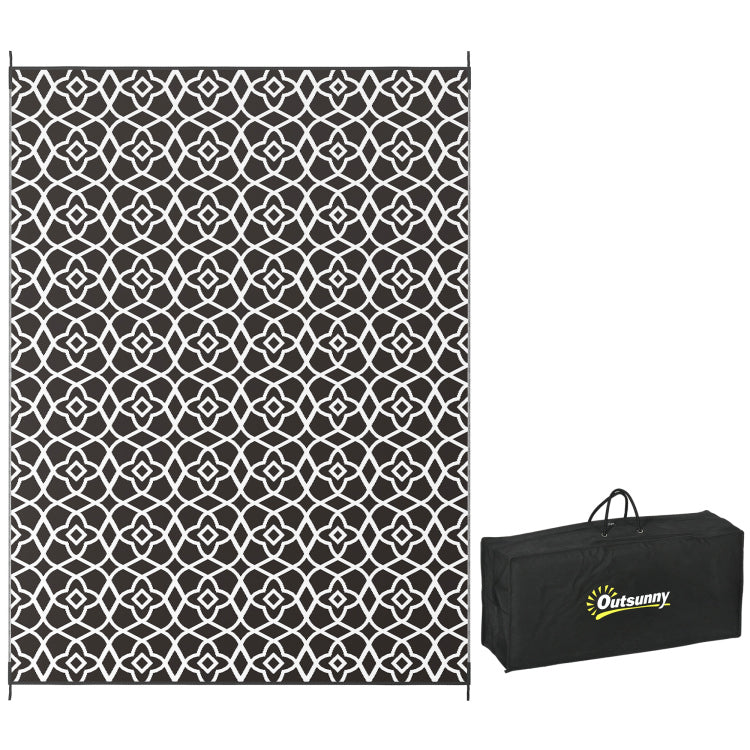 Outsunny Reversible Outdoor Rug, 9' X 12' Waterproof Plastic Straw Floor Mat, Portable Rv Camping Carpet With Carry Bag, Large Floor Mat For Backyard, Deck, Picnic, Beach, Black & White Clover