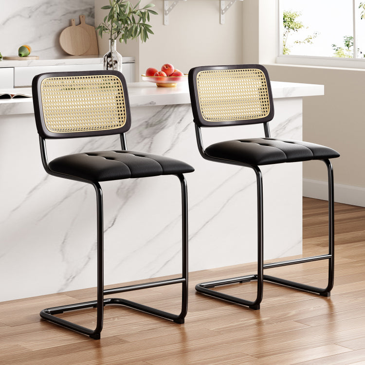 Counter Height Bar Stools Set Of 2, Upholstered Pu Leather Barstools With Rattan Back, 26 Inch Stools Armless Bar Chairs For Kitchen Island, Black