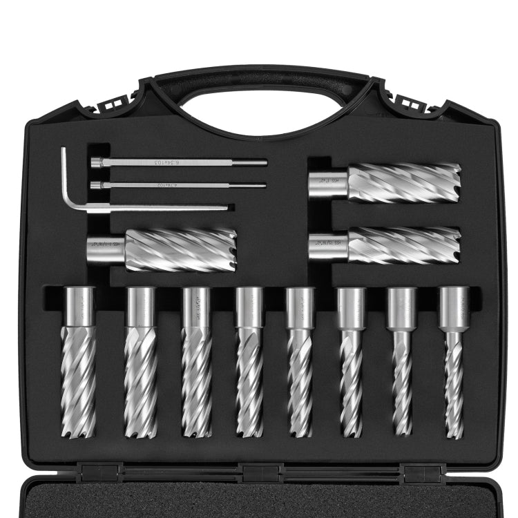 Nnular Cutter Set, 13 Pcs Weldon Shank Mag Drill Bits, 7 16" To 1 1 16" Cutting Diameter, 2" Cutting Depth, M2Al Hss, With 2 Pilot Pins, Hex Wrench And Portable Case, For Using With Magnetic Dr