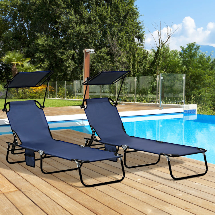 Outsunny Folding Chaise Lounge Pool Chairs, Outdoor Sun Tanning Chairs With Canopy Shade, Reclining Back, Steel Frame And Side Pocket For Beach, Yard, Patio, Dark Blue