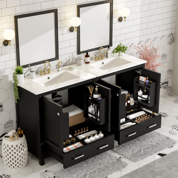 60" Black Bathroom Vanity Set With Double Vanities Separate , Double Ceramic Sinks, Storage Shelf, And Divided Drawers Mirror Not Included Modern Bathroom Solution For Spacious Bathrooms