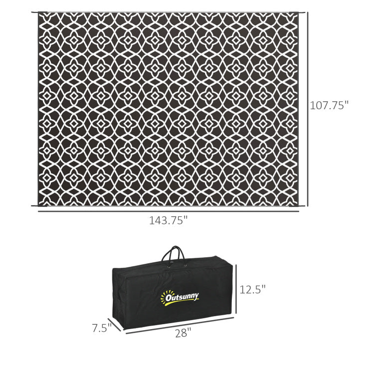 Outsunny Reversible Outdoor Rug, 9' X 12' Waterproof Plastic Straw Floor Mat, Portable Rv Camping Carpet With Carry Bag, Large Floor Mat For Backyard, Deck, Picnic, Beach, Black & White Clover