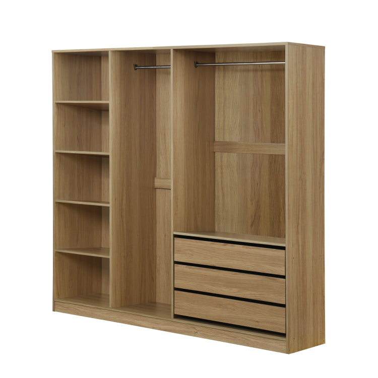 Doorless Wooden Storage Wardrobe For Dedroom With Shelves And 3 Drawers,Nature