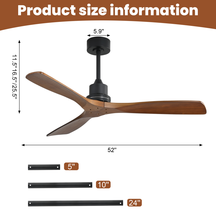 52Inch Outdoor Farmhouse No Light, With Remote Control Solid Wood Fan Blade Reversible Motor
