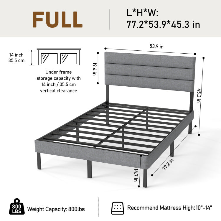 Full Size Upholstered Platform Bed Frame With Headboard, No Box Spring Needed, 14'' Underbed Storage