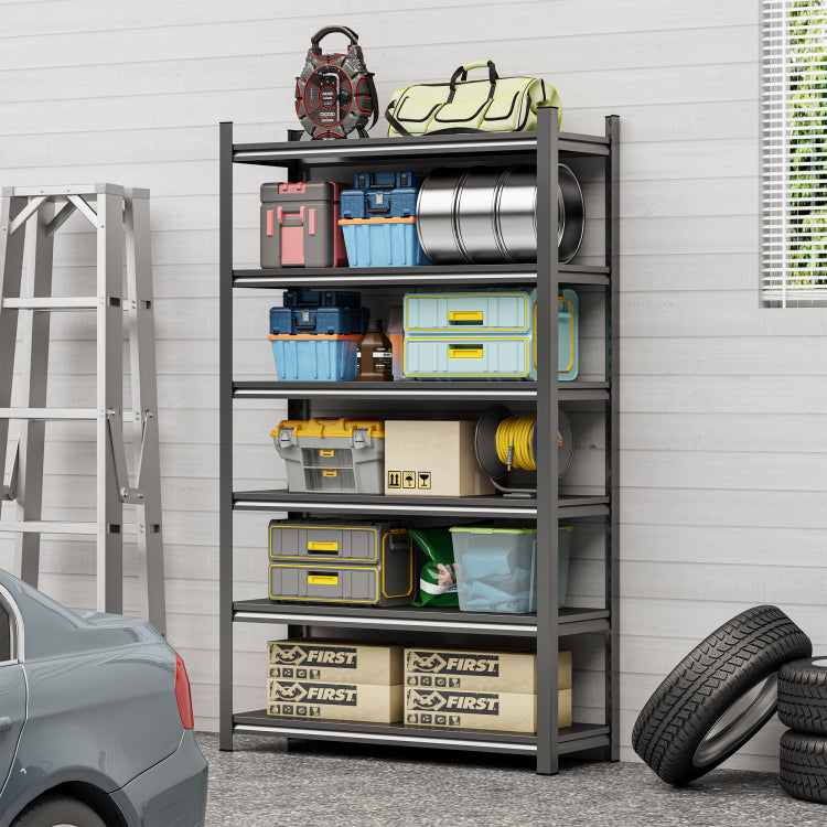 Garage Storage Rack, 6 Story Metal Shelves, Adjustable Partition Storage Unit, Supermarket, Home, Garage, Basement Storage Rack, Black, Requires Assembly