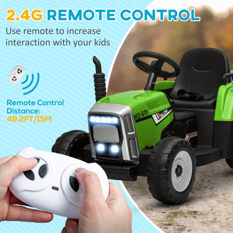 Aosom 12V Ride On Tractor With Trailer, 25W Dual Motors, Battery Powered Electric Tractor With Remote Control, Music Startup Sound And Horn, Led Lights, Green