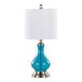 Jasmine 22" Contemporary Glass Accent Lamp In Clear Sapphire Blue Seeded Glass, Brushed Nickel And White Linen Shade