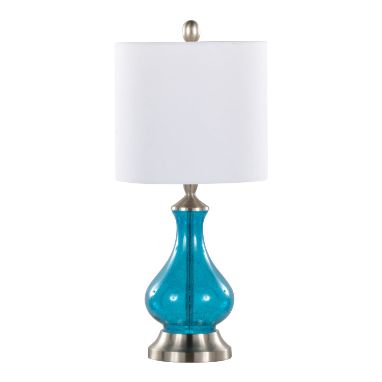 Jasmine 22" Contemporary Glass Accent Lamp In Clear Sapphire Blue Seeded Glass, Brushed Nickel And White Linen Shade