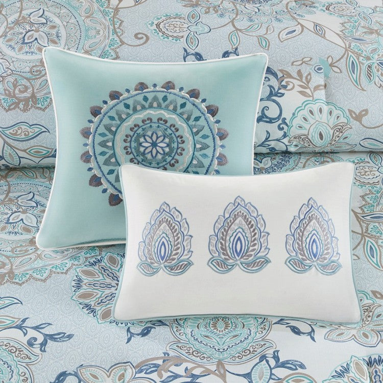 8 Piece Cotton Floral Printed Reversible Comforter Set Blue Queen