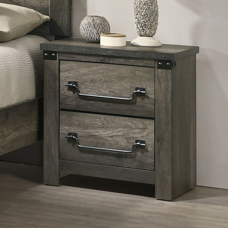 Rustic Gray 1Pc Bedside Table Melamine Paper Wooden Nightstand Antique Brass Color Drop Handles