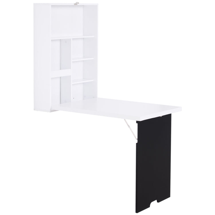 Homcom Wall Mounted Foldable Desk With A Blackboard, Fold Out Convertible Floating Desk With Shelves, White