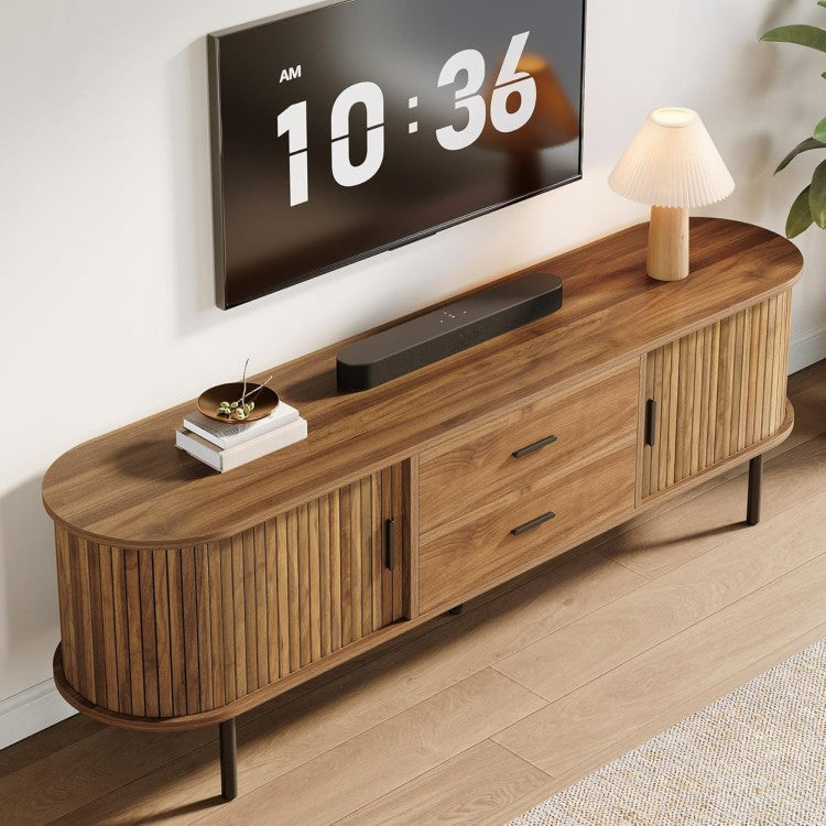 70.87" Walnut Mid Century Modern Fluted Tv Stand With Tambour Sliding Doors For Living Room