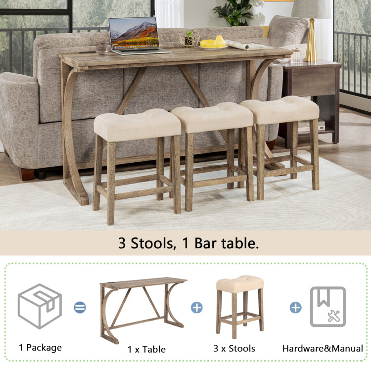4 Piece Bar Table Set With Power Outlet, Dining Bar Table And Chairs Set,Bar Table Set With 3 Padded Stools For Living Room, Dining Room, Game Room, Brown