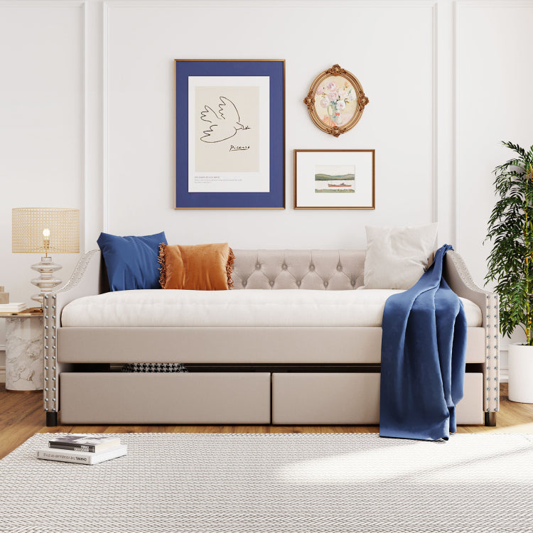 Upholstered Daybed With Two Drawers, Wood Slat Support, Beige, Full Size Old Sku :Lp001111Aaa