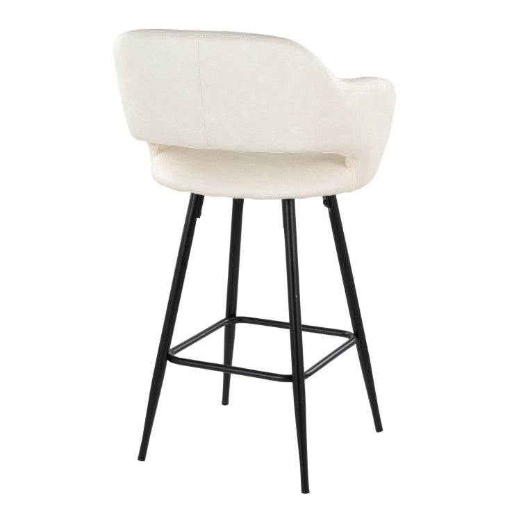 26" Contemporary Fixed Height Counter Stool In Black Metal And Cream Faux Leather With Square Black Metal Footrest Set Of 2