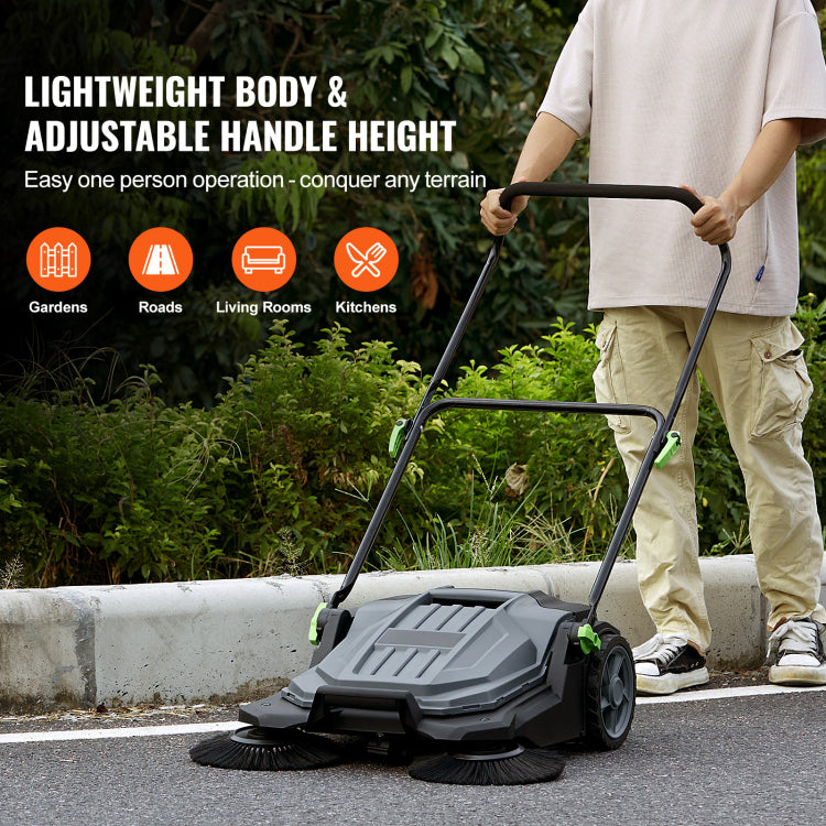 Walk Behind Hand Push Floor Sweeper, 25.6" Sweeping Width Floor Sweeper Manual Non Electric, 5 Gallon Waste Container, Angle & Height Adjustable Folding Handle For Walkway, Yard, Garage, Patio