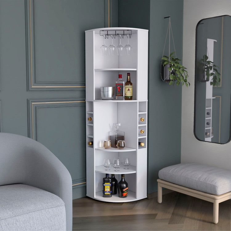Oban Corner Bar Cabinet With Five Shelves , Eight Bottle Cubbies And Steamware White