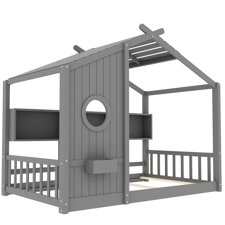 Twin Size Floor House Bed For Toddler, Kids Montessori Bed With Storage Shelf, Playhouse Bed With Roof Design, Gray