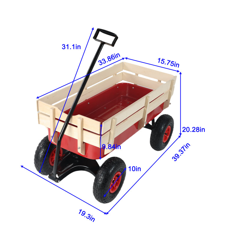 Outdoor Sport Wagon Tools Cart Wooden Side Panels Air Tires Wagon Red