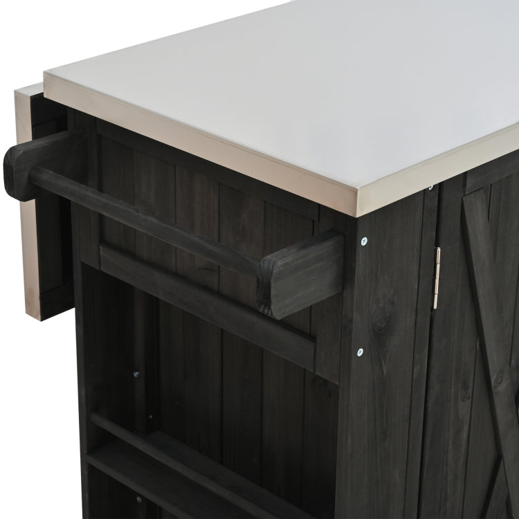Outdoor Kitchen Island Fir Wood Kitchen Island With Stainless Steel Top, Ample Storage Space, Towel And Spice Racks And A Bottle Opener For Outdoor, Black