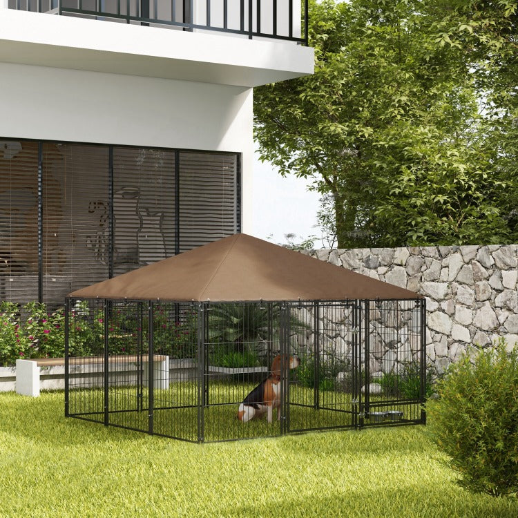 Pawhut Outside Dog Kennel, 6.9' X 6.9' X 5' Puppy Play Pen With Canopy, Garden Playpen Fence Crate Enclosure Cage Rotating Bowl, Coffee