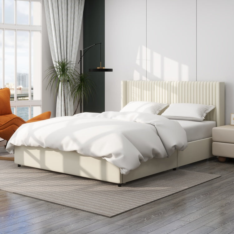Anna Patented 2 Drawer Storage Bed Queen Size Ivory Velvet Upholstered Wingback Platform Bed, Modern Design Headboard With Tight Channel, Wooden Slat Mattress Support No Box Spring Needed
