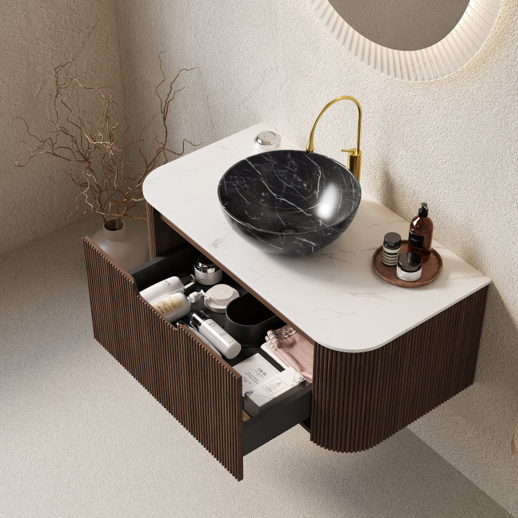 Dina 36" Bathroom Vanity With Sink, Wall Mounted Floating Curved Edges Striped Bathroom Storage Cabinet With Drawer, Black Bowl Ceramic Basin With Stone Pattern, Pre Assembled, Dark Walnut Color