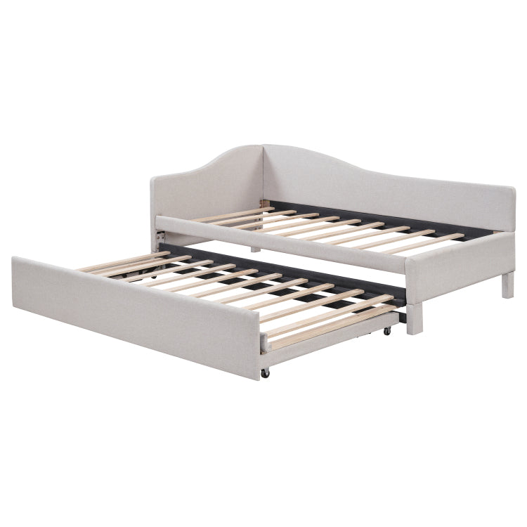 Twin Size Upholstered L Shaped Upholstered Daybed With Pop Up Trundle, Beige