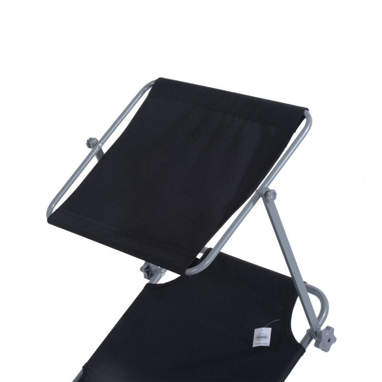 Outsunny Outdoor Lounge Chair, Adjustable Folding Chaise Lounge, Tanning Chair With Sun Shade For Beach, Camping, Hiking, Backyard, Black