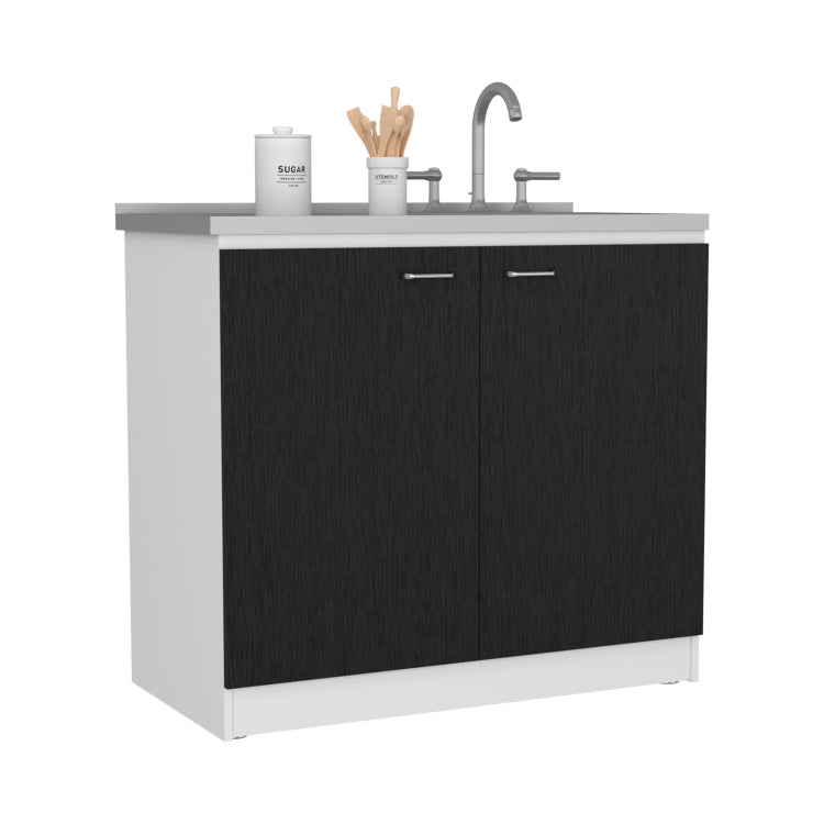 Freestanding Sink, Double Door Cabinet, Two Shelves, White Black