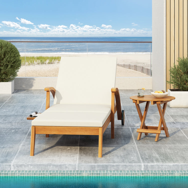 Chaise Lounge With Wheel Acacia Wood Recliner For Patio Garden, With 2Inch White Cushion, 4 Position Adjustable Backrest, Versatile Outdoor Furniture