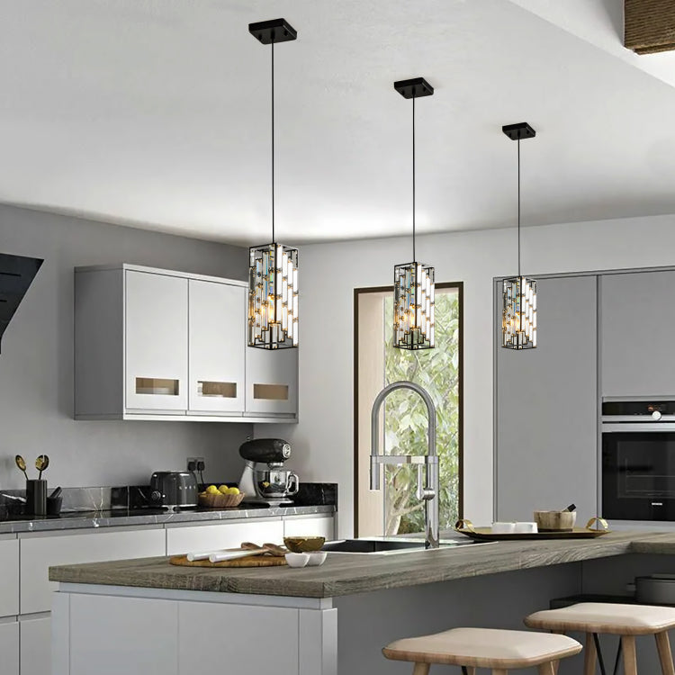 4" Modern Crystal Pendant Light 3 Pack, Adjustable Hanging Ceiling Lamp With Crystal Prism Design For Dining Room, Kitchen Island, And Living Room Black Finish
