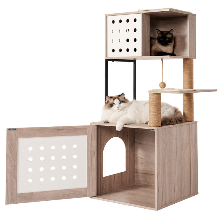 Cat Tree With Litter Box Enclosure, All In One Cat Tower For Indoor Cats With Large Hammock, Bed, Food Station, Scratching Posts, Modern Style Pet Furniture, Gray White