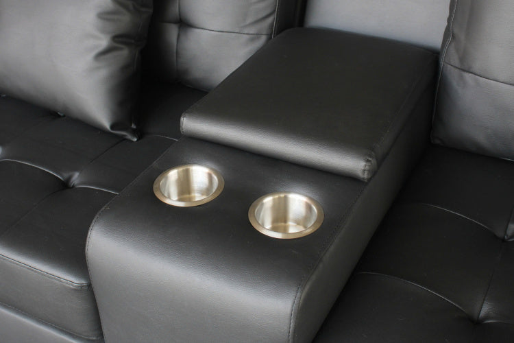 Genesis 85"W Black Pvc Fabric Sofa With Led Lights, Usb Charger, Storage Console, Cupholders, Tufted Cushions