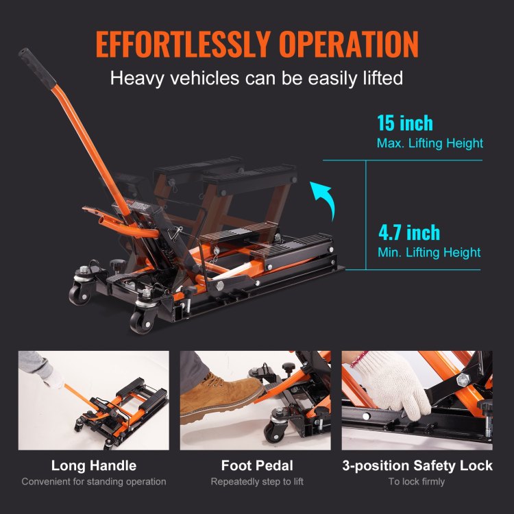 Steel Hydraulic Motorcycle Jack Stand, 1500 Lbs Atv Scissor Lift Jack, 4.7" 15" Scissor Lift Jack Stand With 4 Wheels, Hydraulic Foot Operated Hoist Stand For Motorcycle Atv Utv Powersports