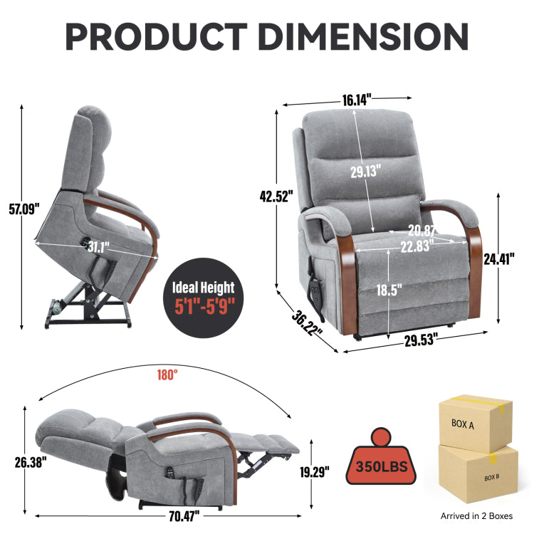 Power Grey Chenille Lift Recliner Chair Dual Motor Infinite Position Up To 350 Lbs With Solid Wood Armrests, Heat Massage And Heavy Duty Motion Mechanism