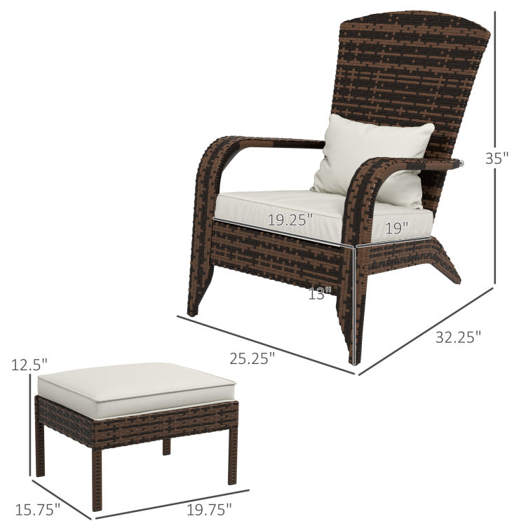 Outsunny Patio Wicker Adirondack Chair With Ottoman, Outdoor Fire Pit Chair With Cushions, High Back, Large Seat & Armrests For Deck, Garden & Backyard, Cream White