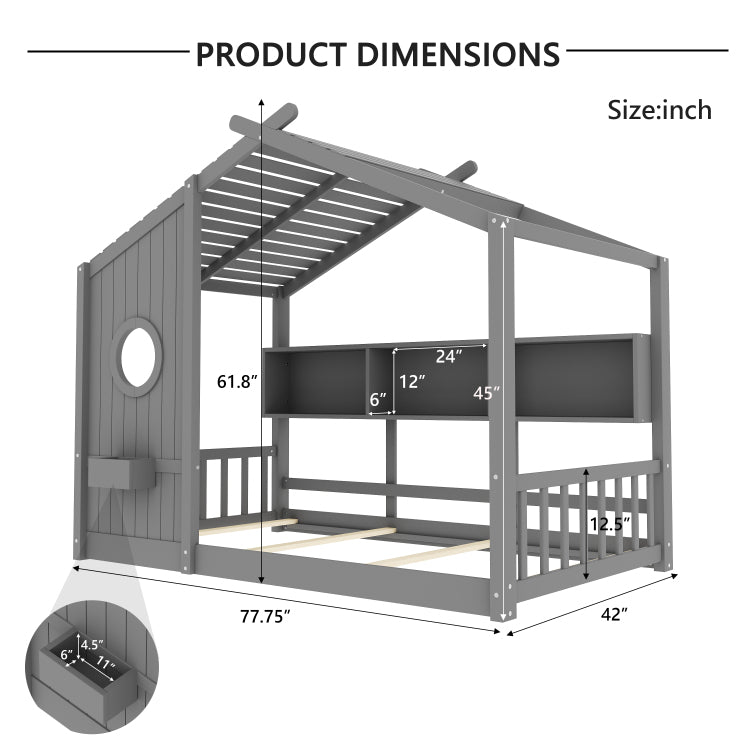 Twin Size Floor House Bed For Toddler, Kids Montessori Bed With Storage Shelf, Playhouse Bed With Roof Design, Gray