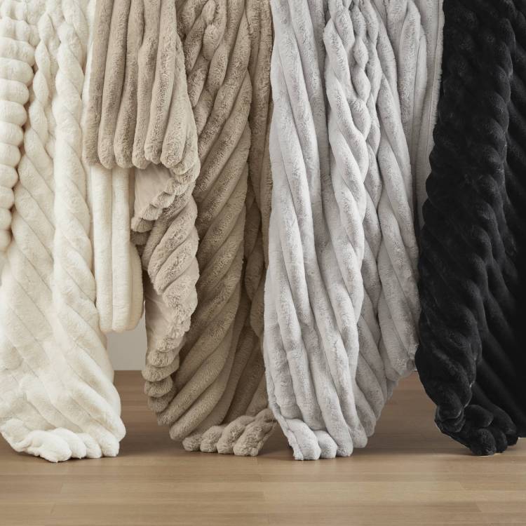 3 Piece Full Queen Soft Faux Fur Ribbed Comforter Set,Ivory