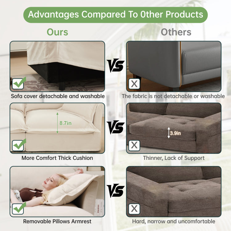 Slip Covered Armchair With 1 Big Back Cushion And 2 Big Toss Pillows, Single Deep Seat Comfy Single Couch Sofa Multiple Large Soft Pillows, Chenille Fabric, Cream