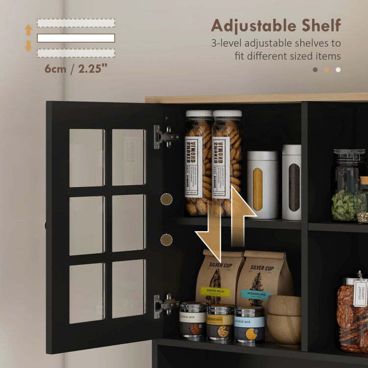 Homcom Kitchen Pantry Cabinet, 72" Freestanding Storage Cabinet With Hutch, Large Countertop, Glass Doors And Adjustable Shelves, Microwave Cabinet, Coffee Bar Cabinet For Dining Room, Black